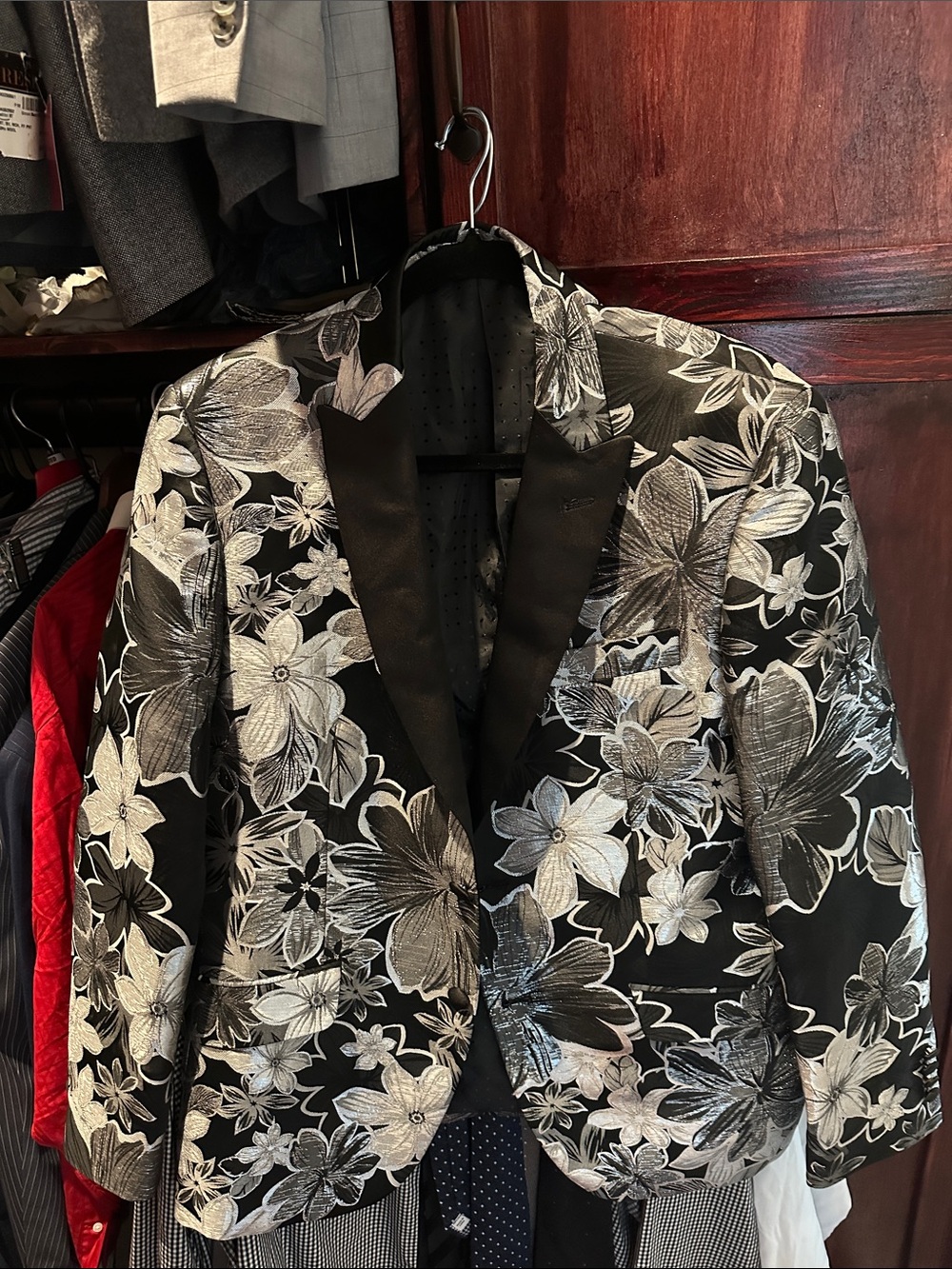 Retro Paris Black Floral Satin-Trim Blazer - Patterned Men's Jacket 42S/36
